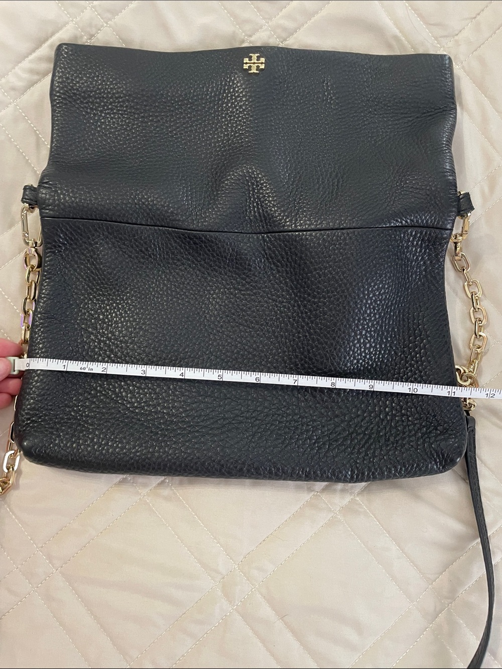 Tory Burch Black Pebbled Leather Fold-Over Crossbody with Gold Chain - Picture 7 of 9